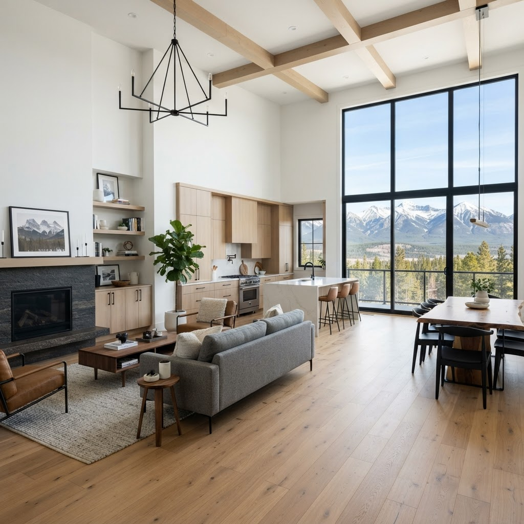 Finished open-concept great room in a modern Calgary home renovation