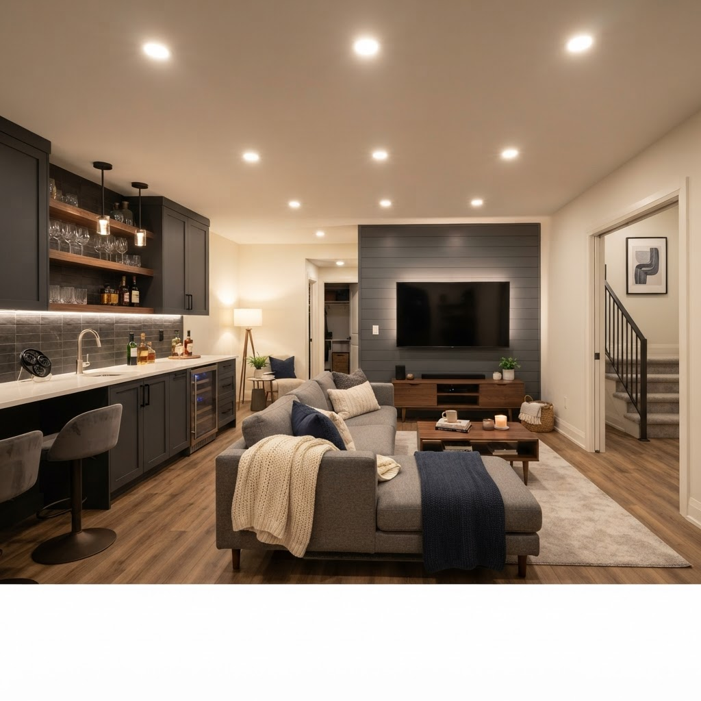 Finished basement living space after development