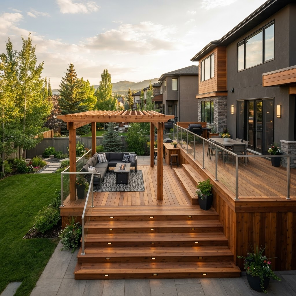 Multi-level cedar deck with a pergola and glass railing at a Calgary home