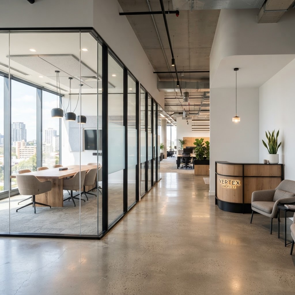 Modern commercial office fit-out with glass-partition meeting rooms in Calgary